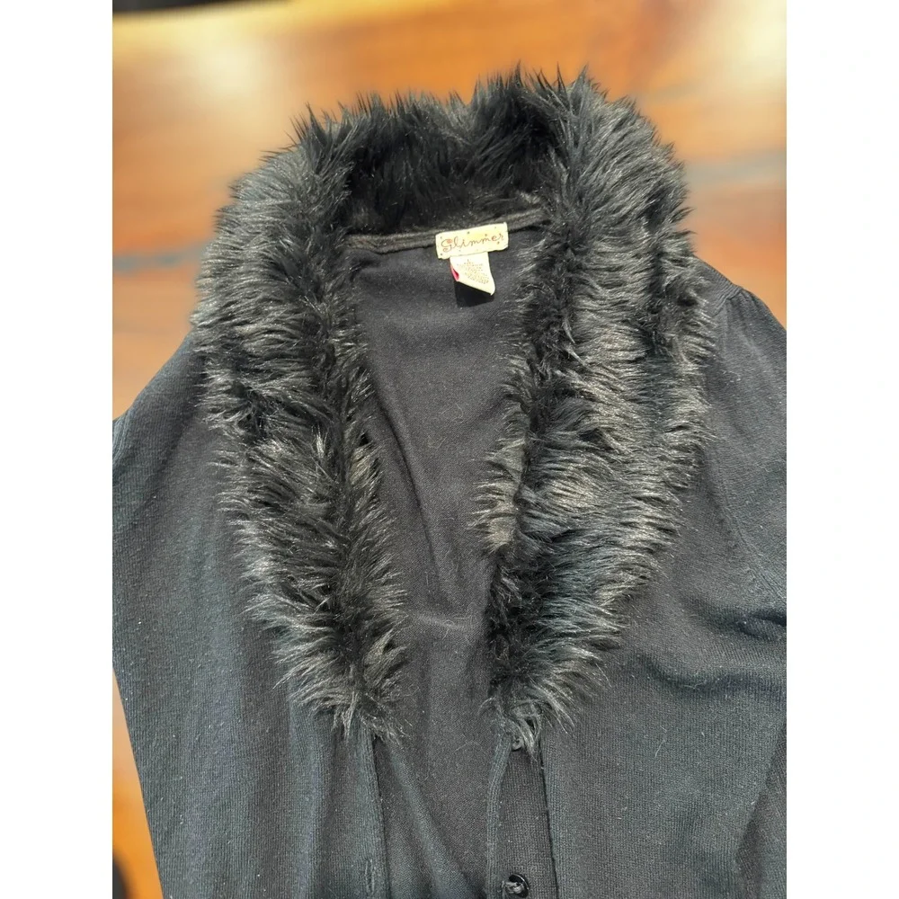 Y2K Goth Shimmer Black Cardigan Sweater Faux Fur‎ Collar Long Sleeve Womens - Picture 5 of 7